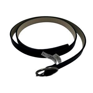 Womens Black Skinny Leather Belt XL Thin Oval Silver Buckle 40-43" 3/8:" Slim